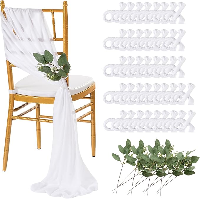 QueenDream White Sashes Wedding Chair Decorations: 50PCS Tulle Chair Cover Bands Aisle Sheer Chairs Bows for Indoor Outdoor Ceremony Banquet