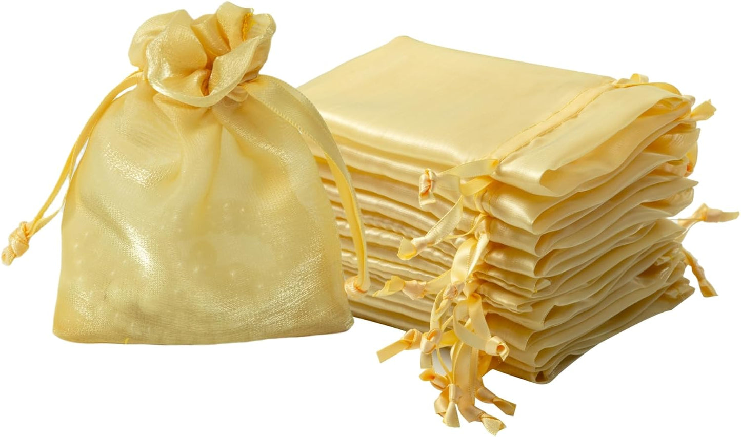 QIANF 20 Pcs Gold Small Organza Bags 3X4 inch for Wedding Favors with Drawstring, Mini Mesh Gift Bags Jewelry Pouch for Candy Bridal Shower Party Favor Baby Shower Christmas