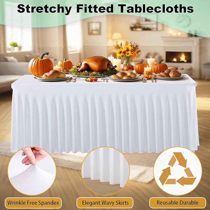 5 Pack White Spandex Table Clothes for 6 Foot Rectangle Tables, Fitted Stretch Spandex Table Cover 6ft White Tablecloths with Table Skirt for Weddings Birthday Parties Banquet Baby Shower