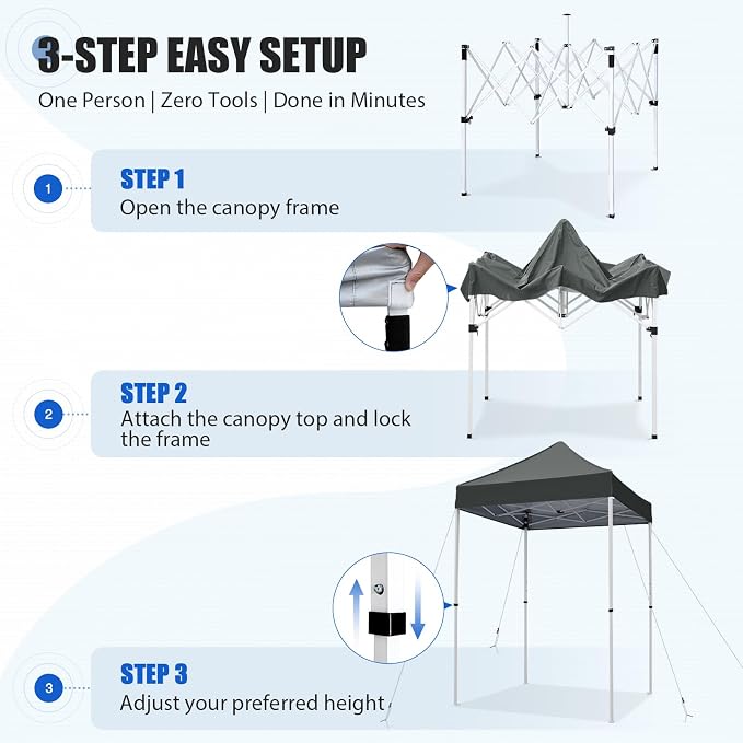 EAGLE PEAK 5x5 Pop Up Canopy Tent Instant Outdoor Canopy Easy Set-up Straight Leg Folding Shelter, Gray