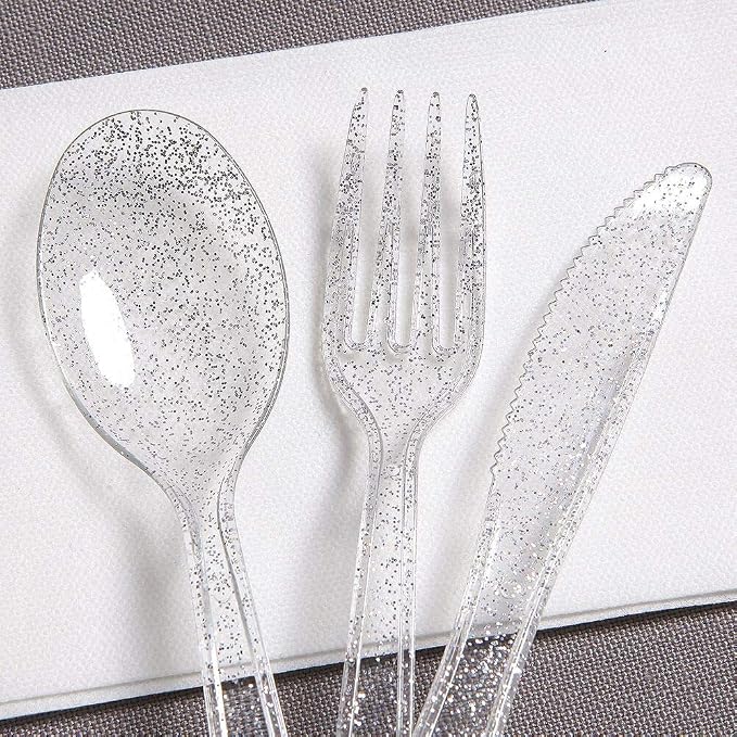 WDF 360 Silver Plastic Silverware- Disposable Silver Glitter Plastic Cutlery - Disposable Silverware including: 120Forks, 120Spoons, 120Knives for Christmas