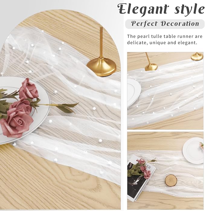Pearl Table Runner 29 x 120 Inch Tulle Fabric Lace Table Runners for Bridal Shower Birthday Party Wedding Arch Dessert Table Decor(1 Pack, White)