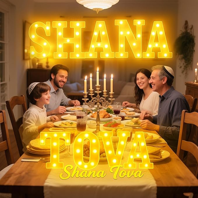 Aurelema 9 Pcs Shana Tova Large LED Letter Signs Rosh Hashanah Decor LED Lights Battery Powered Shana Tova Party Table Decorations for Party Rosh Hashanah Tabletop Decorations