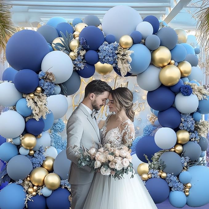 Dusty Blue Gold Balloons Arch Kit, Double Stuffed Pastel Balloon Arch Pastel Light Dark Denim Pale Blue Balloons With Blue Gold Balloons for Birthday Wedding Graduation Party Decorations