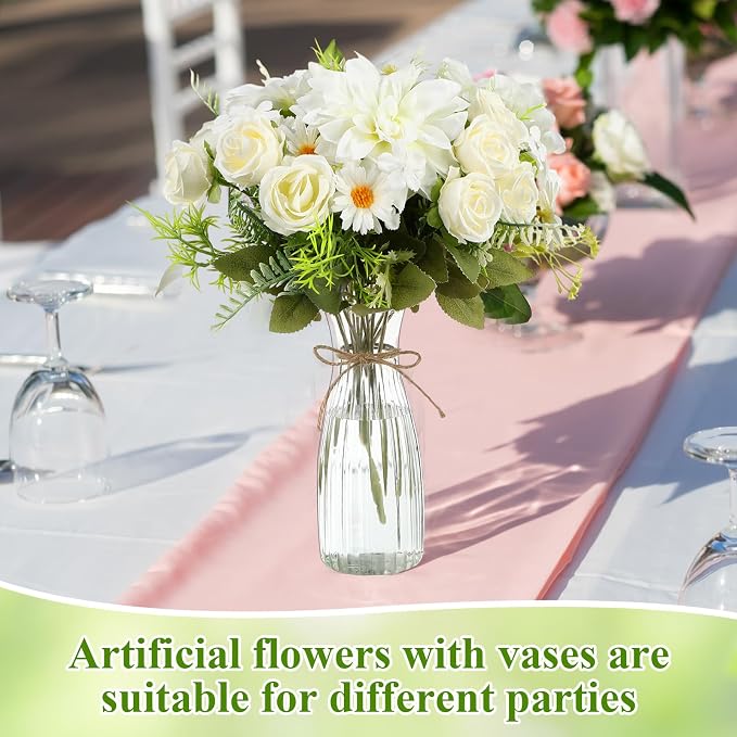 Reallnaive 30 Pack Artificial Flowers Table Centerpieces Decorations with Plastic Vase Wedding Mason Jar 20 Bundles Silk Floral Bouquet 10 Clear Vase with Rope for Party Decor(Dahlia,White)