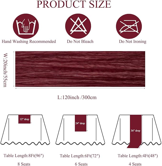 12Pack Wine Red Table Runner 10Ft Burgundy Cheesecloth Table Runners Long Cheese Cloth Table Runners for Wedding Party Bridal Shower Thanksgiving Christmas