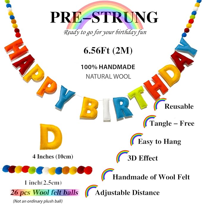 Pre-Strung Happy Birthday Banner - Felt Ball Garland, Rainbow Party Decorations, HAPPY BIRTHDAY Garland, Personalized Birthday Sign for Birthday Decor, Party Decor, Photo Prop (Rainbow-Colored Happy Birthday Banner)