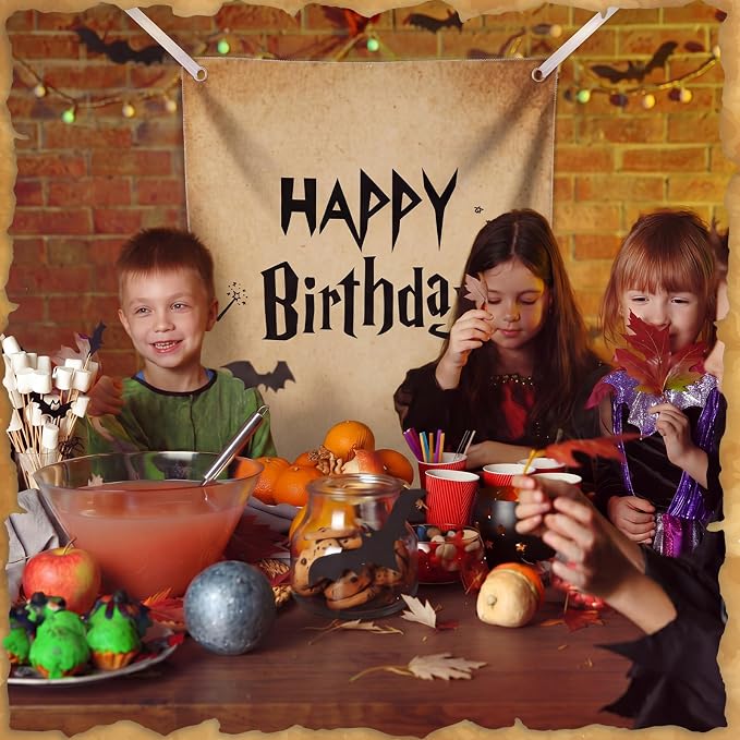 Oudain 29 x 39 Inch Magic Wizard Happy Birthday Banner, Vintage Burlap Birthday Backdrop Party Decorations, Rustic Boho Photo Props Sign with Hanging String for Halloween Wizard Magical Party Supplies