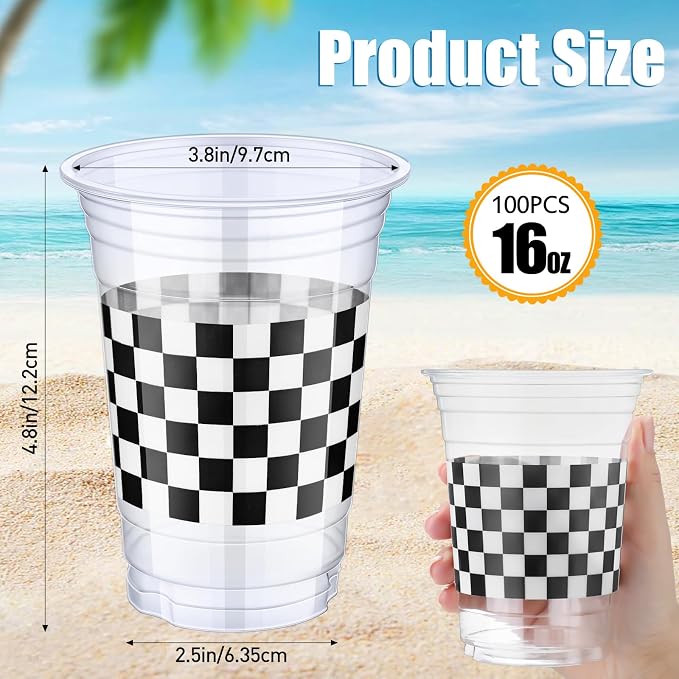 50 Pcs Racing Party Plastic Cups 16 oz Clear Checkered Flag Race Car Cups Bulk Disposable Black and White Plaid Tableware for Fast One Two Birthday Sports Party Supplies Decorations