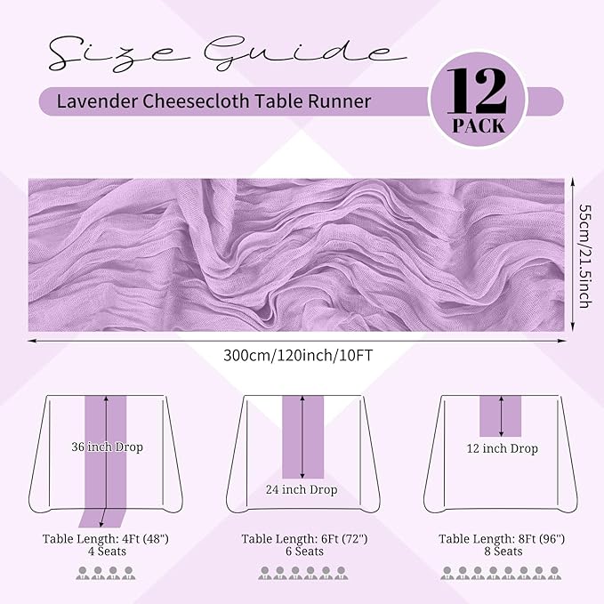 12 Pack Lavender Cheesecloth Table Runner 120 inch Fall Thanksgiving Boho Rustic Gauze Farmhouse 10FT Cheese Cloth Runner for Baby Shower Wedding Party Holiday Home Decor