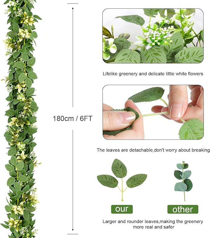 6FT Artificial Eucalyptus Garland with Flowers, Fake Greenery Vines Spring Ivy Leaves for Wedding Backdrop Arch, Table Centerpieces, Party, Home Room Party Indoor Outdoor Spring Decor