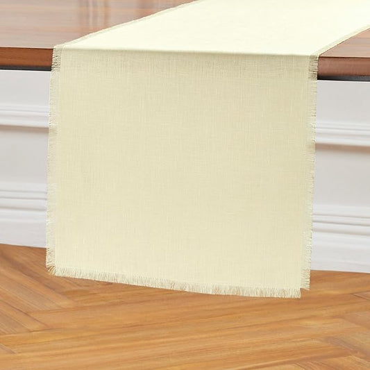 Solino Home Linen Creamy Ivory Table Runner 108 Inches Long - Fringe, 100% Pure Linen 14 x 108 Inch Table Runner for Spring, Summer, Mothers Day