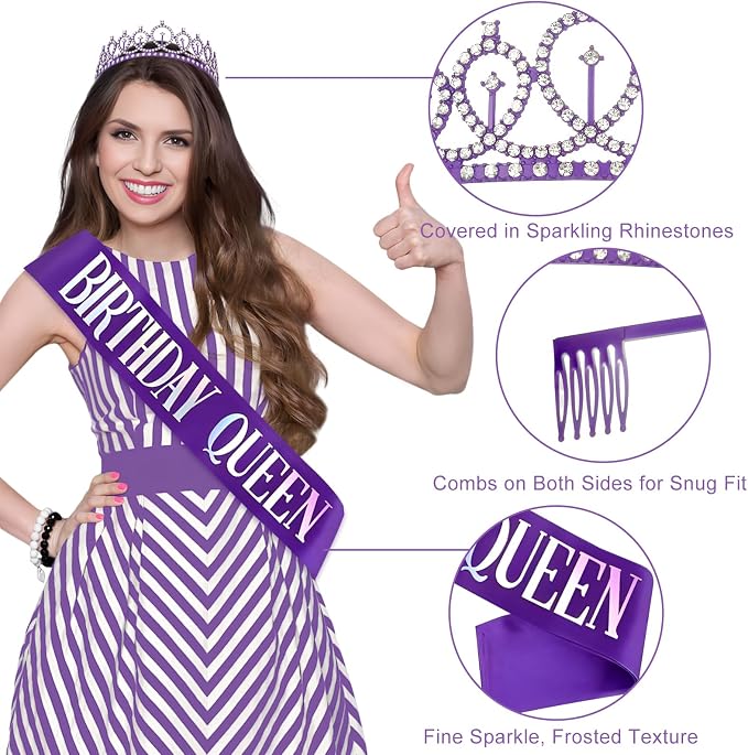 Purple Birthday Decorations for Women Girls, 30pcs Birthday Queen Crown and Sash, Purple Banner Balloons Backdrop Hanging Swirls Paper Fans Bday Party Decorations Kit Gifts for Her