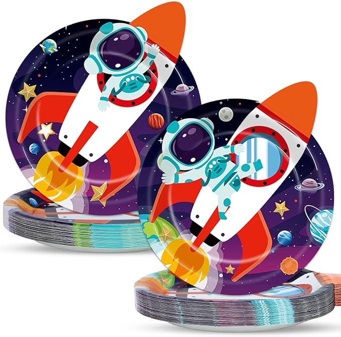 OBUSATT 60 PCS Rocket Ship Paper Plates 9In Outer Space Birthday Party Supplies Astronaut Galaxy Planet Tableware Decoration Space Theme Disposable Dinnerware for Kids Baby Shower Birthday Party Favor