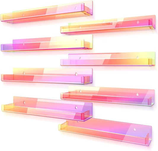 8 Pack 15 Inch Iridescent Acrylic Shelves, Clear Rainbow Kids Floating Bookshelf for Kids Room, Modern Sunglasses Essential Oil Picture Ledge Display Toy Storage Wall Shelf