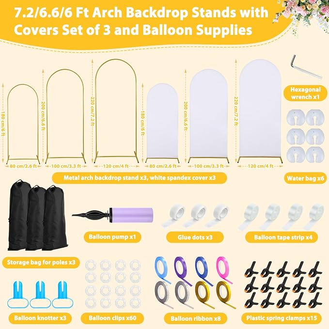 Arch Backdrop Stand and Cover Set of 3, 7.2ft 6.6ft 6ft Metal Arch Backdrop Stand with Spandex White Back Drop Covers Balloon Arch Kits, Gold Arch Stand Frame for Wedding Birthday Party Baby Shower