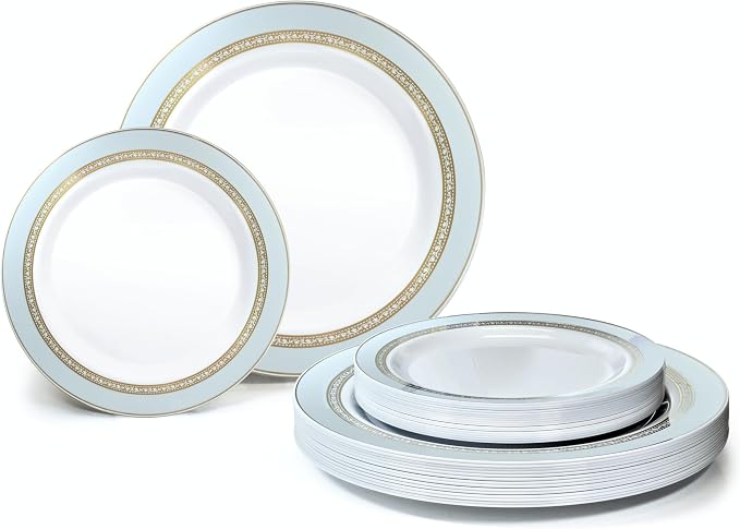 OCCASIONS Fancy Disposable Plates (25 Guests) - Gold Rimmed Heavy Duty Plastic Dinnerware Set, 25 x 10.5" Dinner + 25 x 7.5" Salad/Dessert, China-Like Look, BPA Free Wedding Party (Ritz Blue and Gold)