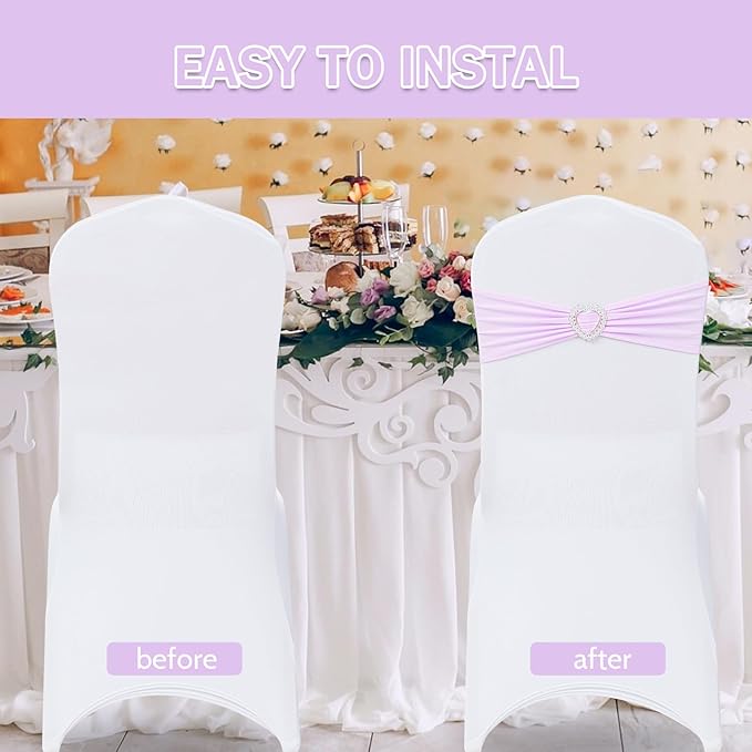 Howhic Pack of 60 Spandex Chair Sashes Bows Stretch Chair Cover Band with Buckle Slider Universal Elastic Chair Ties for Wedding Banquet Party Event Decoration (Lavender)