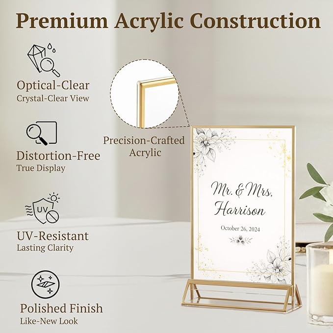 EHWINE 12 Pack Acrylic Sign Holder 4 x 6, Double Sided Gold Picture Frame Stand up Table Top Sign Holders, Clear Display Stand Menu Flyer Holder for Wedding Party