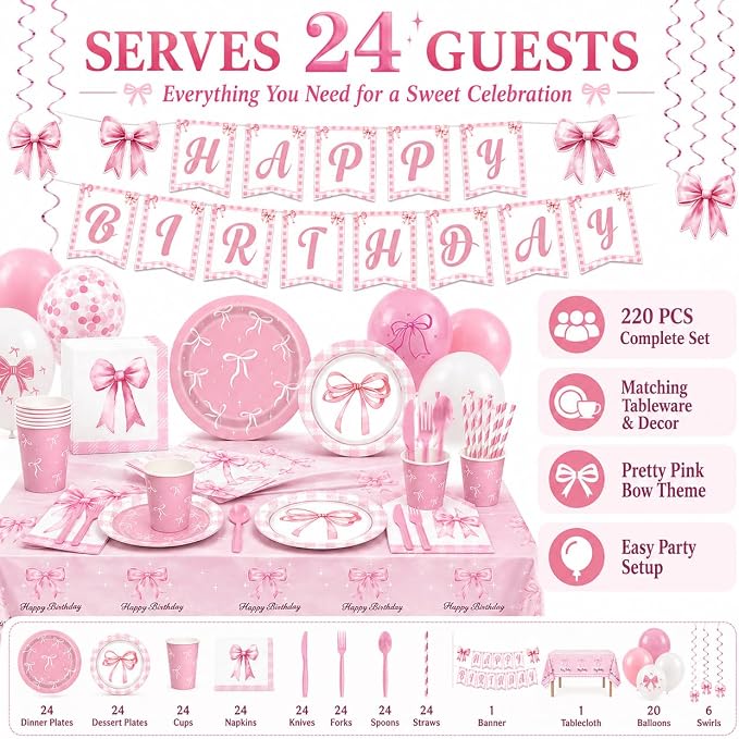 Glitter Diamond Theme Party Gold Plate Napkins Birthday Party Supplies Disposable Birthday Dinnerware Set,Girls Birthdays Party Plates Sets With Cups Forks knives Serve 24 (Pink Bow, 24)