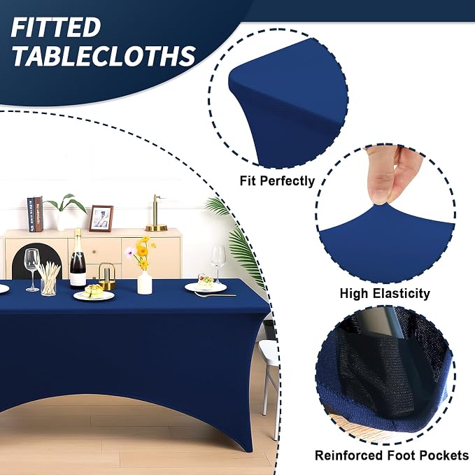 Fixwal 6 Pack 6Ft Navy Blue Table Cover, Spandex Fitted Tablecloths Rectangle, Wrinkle-Free and Stretch Folding Table Cloth for Banquet, Party, Trade Show, Graduation