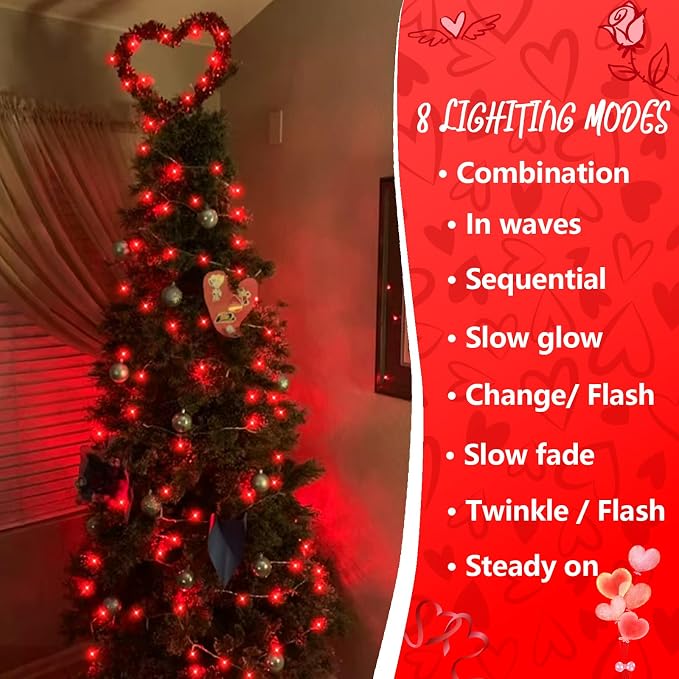 YEGUO Battery Operated String Lights, 2 Pack Each 33ft 100 LED Twinkle Fairy Lights Outdoor Waterproof, 8 Modes Clear Wire Red Christmas Lights Indoor with Remote