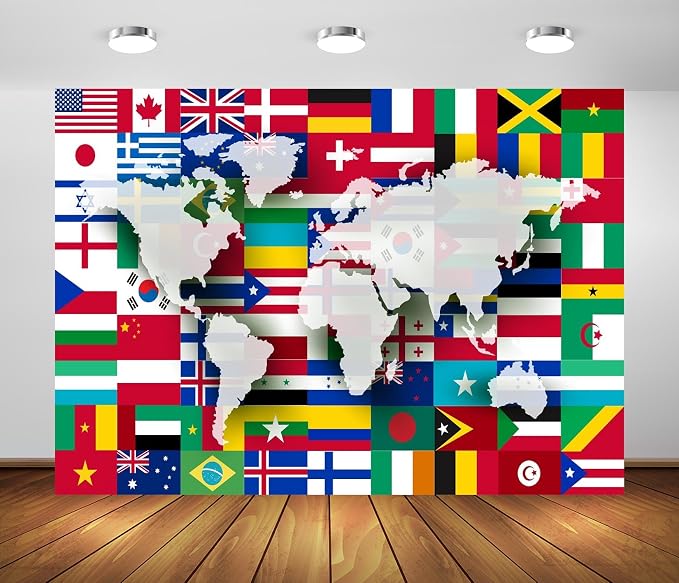 BELECO 15X10ft Fabric World Flags Backdrop World Map International Flag Country Flags Background for Themed Party Decorations Home Decor Photo Booth Studio Props