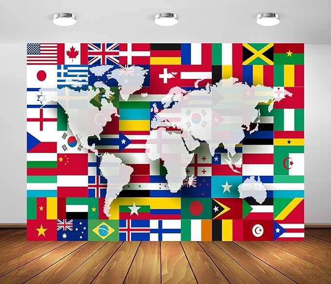 BELECO 15X8ft Fabric World Flags Backdrop World Map International Flag Country Flags Background for Themed Party Decorations Home Decor Photo Booth Studio Props