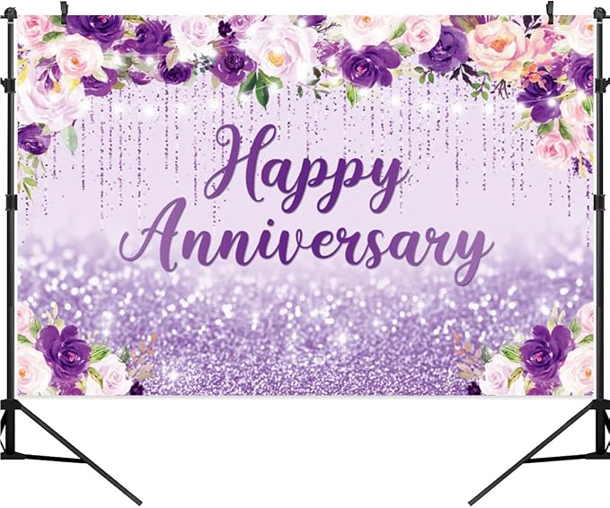 8x6ft Happy Anniversary Backdrop, Floral Glitter Backdrop for Women Wedding Anniversary Decoration Violet and Pink Flowers Photography Background Cake Table Banner Party Decor