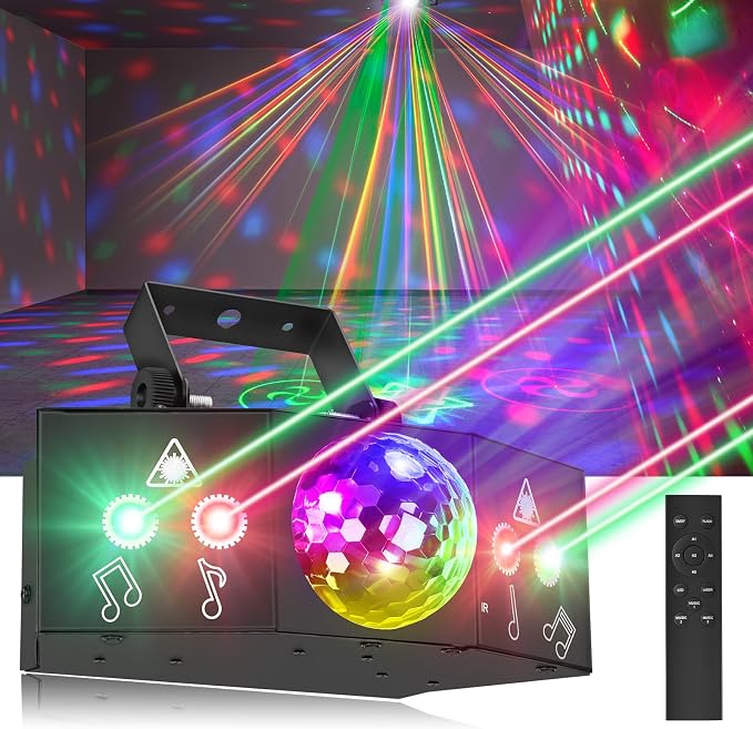 Disco Party Lights Laser DJ Light with Sound Activated Support DMX512 Stage DJ Party Disco Lighting with Remote Control for Xmas Club Parties Birthday Christmas Wedding