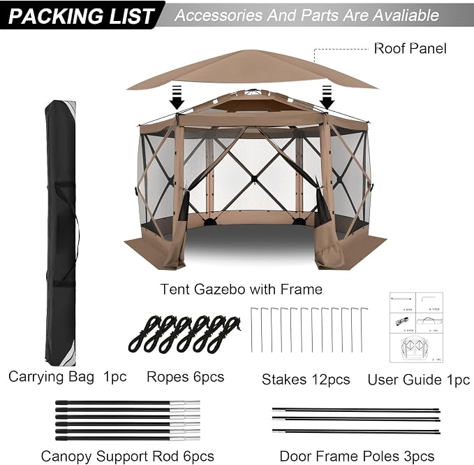 COBIZI 12x12 FT Pop Up Canopy Stargazing Tent, Gazebos On Clearance with Removable Roof,Instant Screened in Gazebo, Screen Tents Portable carpas para Patio for Outdoor Camping,Backyard, Garden, Khaki