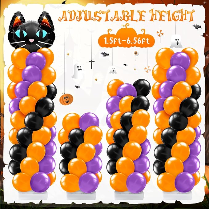 Kasyat 2 Set Halloween Balloon Column Stand Kit with Cat Head Scary Pumpkin Foil Balloon Orange Black Purple Arch Garland Kit for Spooky Birthday Party Halloween Theme Decoration