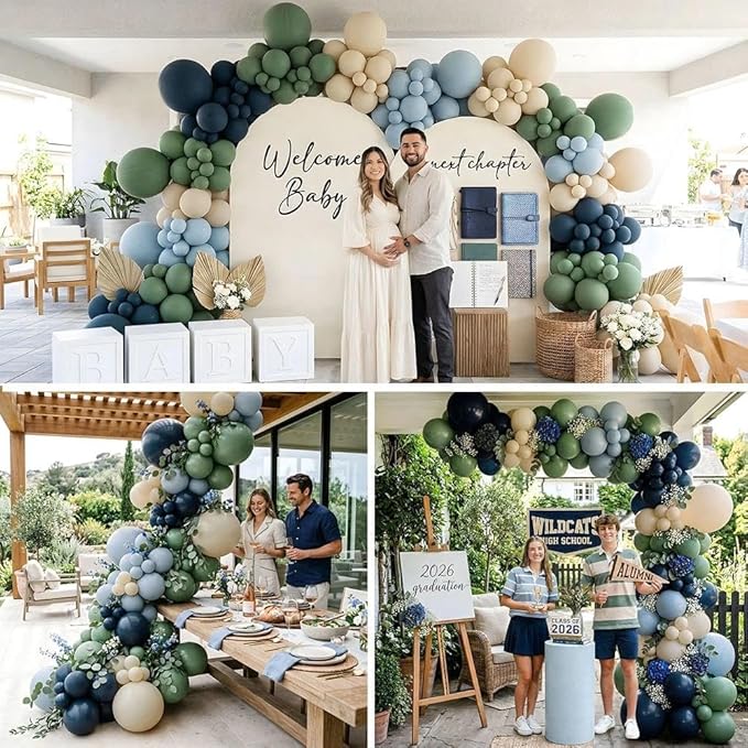 Double Stuffed Navy Blue & Sage Green Balloon Garland Arch Kit, Multi-size Matte Dusty Blue Sand Latex Balloons for Baby Shower,Gentleman Theme Party,Birthday,Bridal Wedding,Graduation