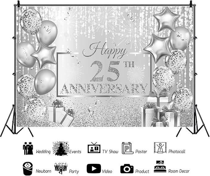 10x7ft Happy 25th Anniversary Backdrops for Photoshoot Silver Wedding 25th Anniversary Decorations 25th Wedding Anniversary Backdrops Photography for Anniversary Party Banner Adults Props