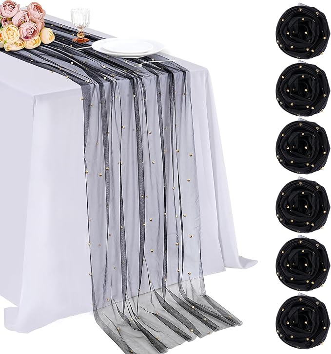 Gauze Tulle Table Runner Pearl Fabrics: Sheer Veil Dessert Chiffon Pearl Lace Boho 6 Packs Overlay Wedding Aisle Runner Party Decorations Doilies Black