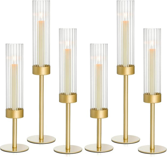 Gold Hurricane Candle Holders Set of 6, Brass Metal Candlestick Holders for Taper Candles, Modern Table Centerpiece Decor for Wedding, Party & Holiday Decorations