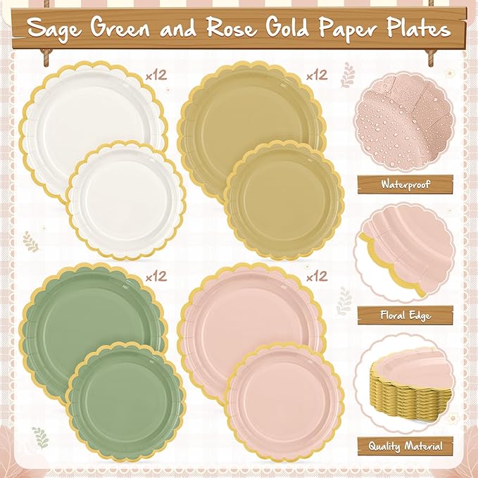 Mimorou 338 Pcs Sage Green and Pink Plates and Napkins Party Supplies Green and Rose Gold Tableware Include Scalloped Plates Paper Napkin Cup Spoon Fork Knife for Baby Shower, Wedding, Birthday