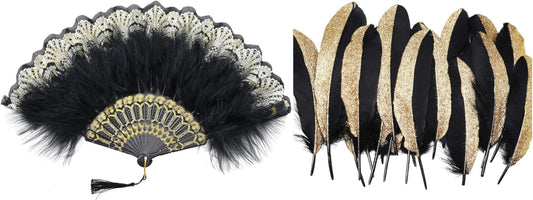BABEYOND Marabou Feather Fan 20s Vintage Folding Fan Flapper Hand Fan for Costume Dancing 42 Pcs 1920s Gatsby Gold Dipped Feather Natural Décor Glitter Feather for 20s Party