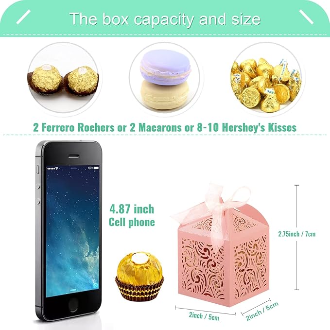 COTOPHER 60Pcs Laser Cut Favor Boxes, 2x2x2.75in Small Gift Boxes for Presents, Party Wedding Favors Boxes with Ribbon, Mini Candy Boxes for Event Bridal Shower Anniversary Birthday Christmas, Pink
