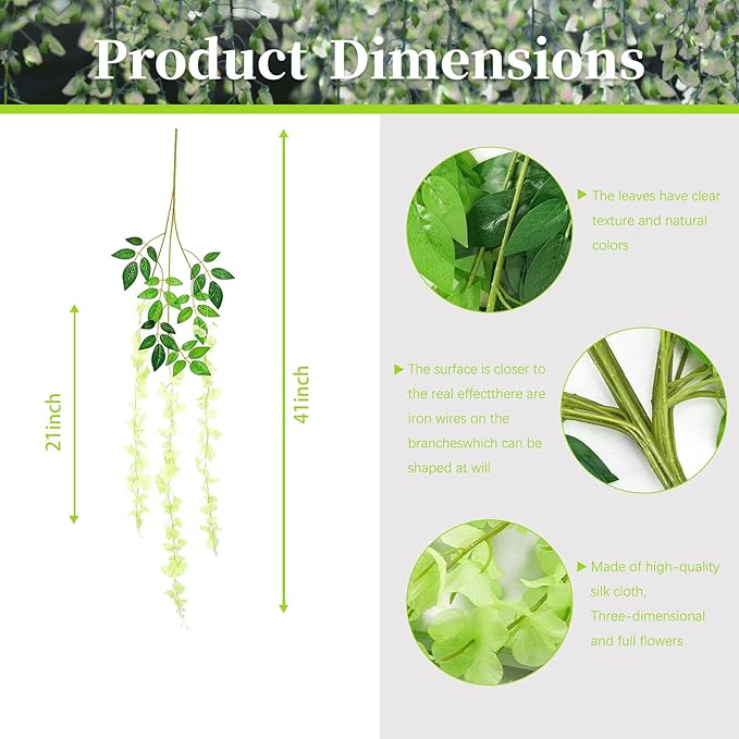 36 Pack Green Wisteria Hanging Flowers, 3.44 Ft Fake Hanging Flowers, Artificial Wisteria Garland Vines for Wedding Room Backdrop Outdoor Patio Garden Decoration
