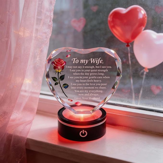 Anniversary and Birthday Gifts for Women Wife, Heart Shaped Crystal Keepsake with Rose and Love Letter Engraving, Color Changing LED Base,Romantic Christmas Valentine's Day Gifts for Wife from Husband (Pink Rose - Multicolor LED)