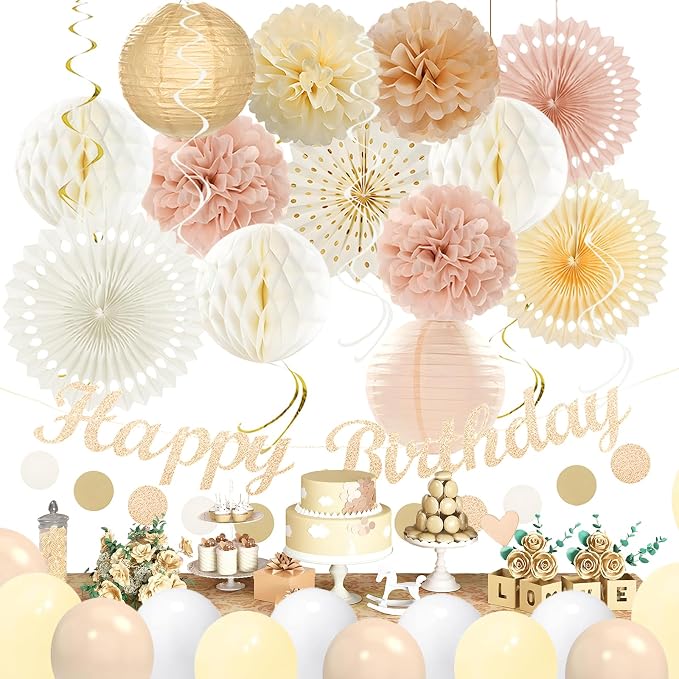 Champagne-Gold Pink Birthday Decorations for Women Girls,Pre-Strung Happy Birthday Banner,Boho Peach Paper Lanterns Tissue Pom Poms Fan,Cream White Balloons,Girl Woman Party Backdrop Supplies