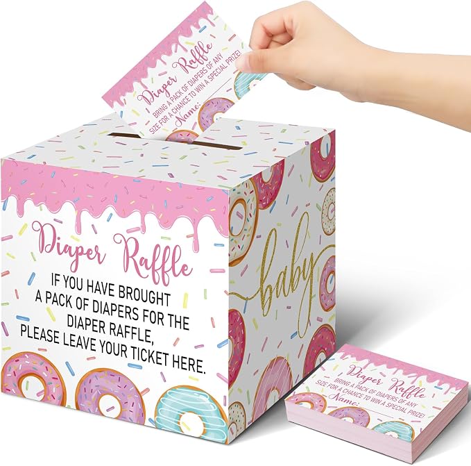 Teling 51 Pieces Diaper Raffle Tickets with Card Box Baby Shower Decorations Baby Shower Holder Box for Girl Boy Diaper Raffle Party(Donut Infant Sprinkle Decorations)