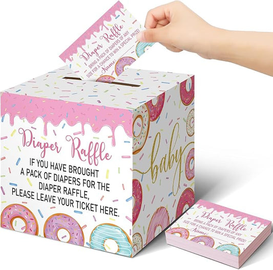 Teling 51 Pieces Diaper Raffle Tickets with Card Box Baby Shower Decorations Baby Shower Holder Box for Girl Boy Diaper Raffle Party(Donut Infant Sprinkle Decorations)