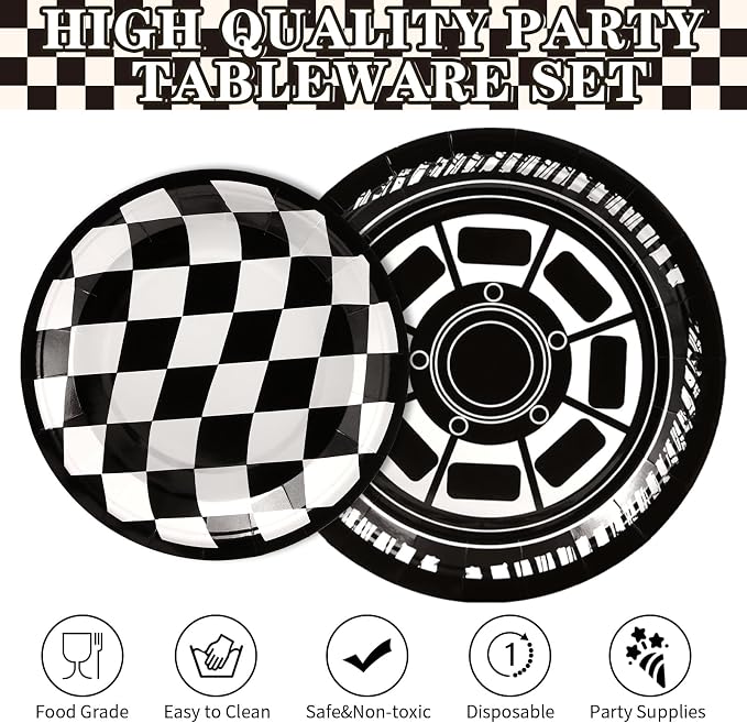 Grencian 96Pcs Race Car Party Decorations Race Car Plates and Napkins Disposable Racing Themed Paper Plates Tableware Set for Boys Kids Birthday Baby Shower Party Supplies, Serve 24