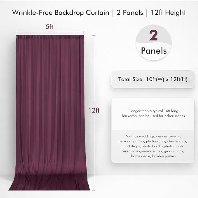 10ftx12ft Wrinkle Free Maroon Backdrop Curtain, 2 Panels 12FT Height Wedding Burgundy Backdrop Drapes, Silky Polyester Back Drop Cloth for Birthday Photography Background Party Backdrop Draping