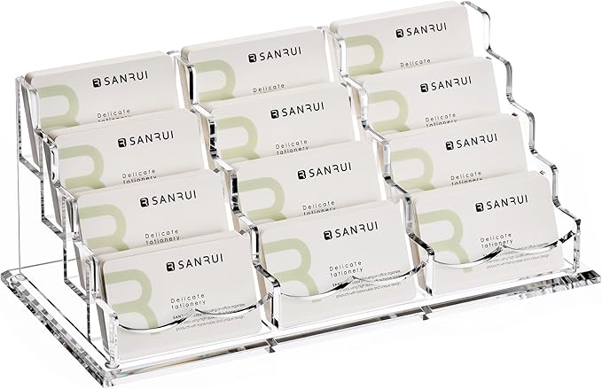 YUXUN Business Card Holder Display for Desk-12 Slots 4 Tier, Clear Multiple Acrylic Cards Stand for Women and Men, Business Card Holder Case for Office Supplies Home School