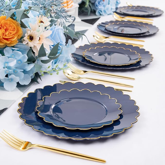 LIYH 60 Pcs Navy Blue Plastic Scalloped Plates with Gold Rim, Blue and Gold Disposable Patriotic Plates for Party Included 30 Dinner Plate 10.25 30 Dessert Plate 7.5 Inch for Party