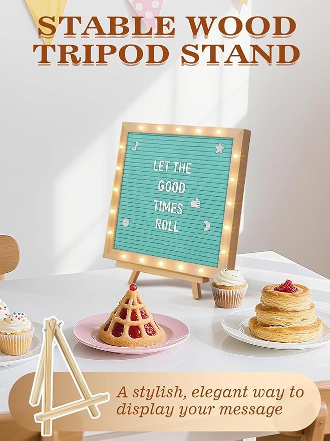 Changeable Felt Letter Board with LED Lights - 10×10" Message Custom Signs & Wood Stand & 450 Letters, Poster Board for Baby/Pregnancy Announcement/Classroom Wall Decor Gifts First Day of School, Blue