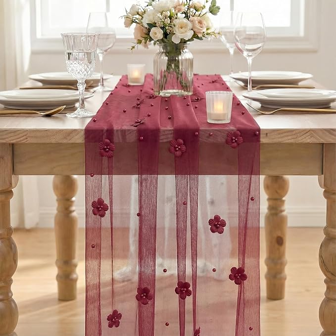 Artoid Mode Burgundy Flower Pearl Burgundy Gauze Table Runner 10FT, Seasonal Sheer Dining Holiday Wedding Birthday Baby Shower Table Decor for Home Party